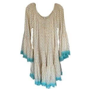 Raga Tiered Bell Sleeve Mini Dress with Turquoise Trim